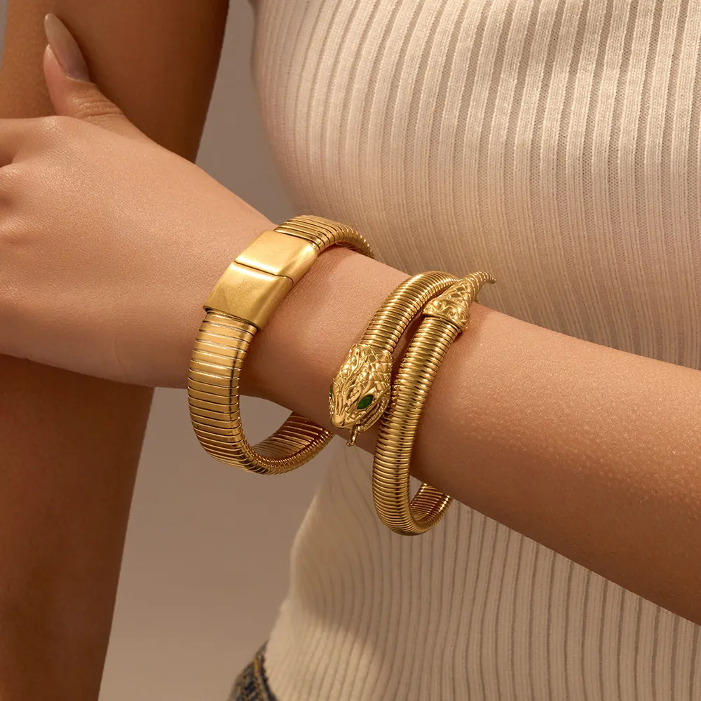 Exaggerated Stainless Steel Snake Wrap Elastic Bangle For Women Gold Silver Plated Zirconia Tubogas Coil Bracelet Fashion Statement Jewelry