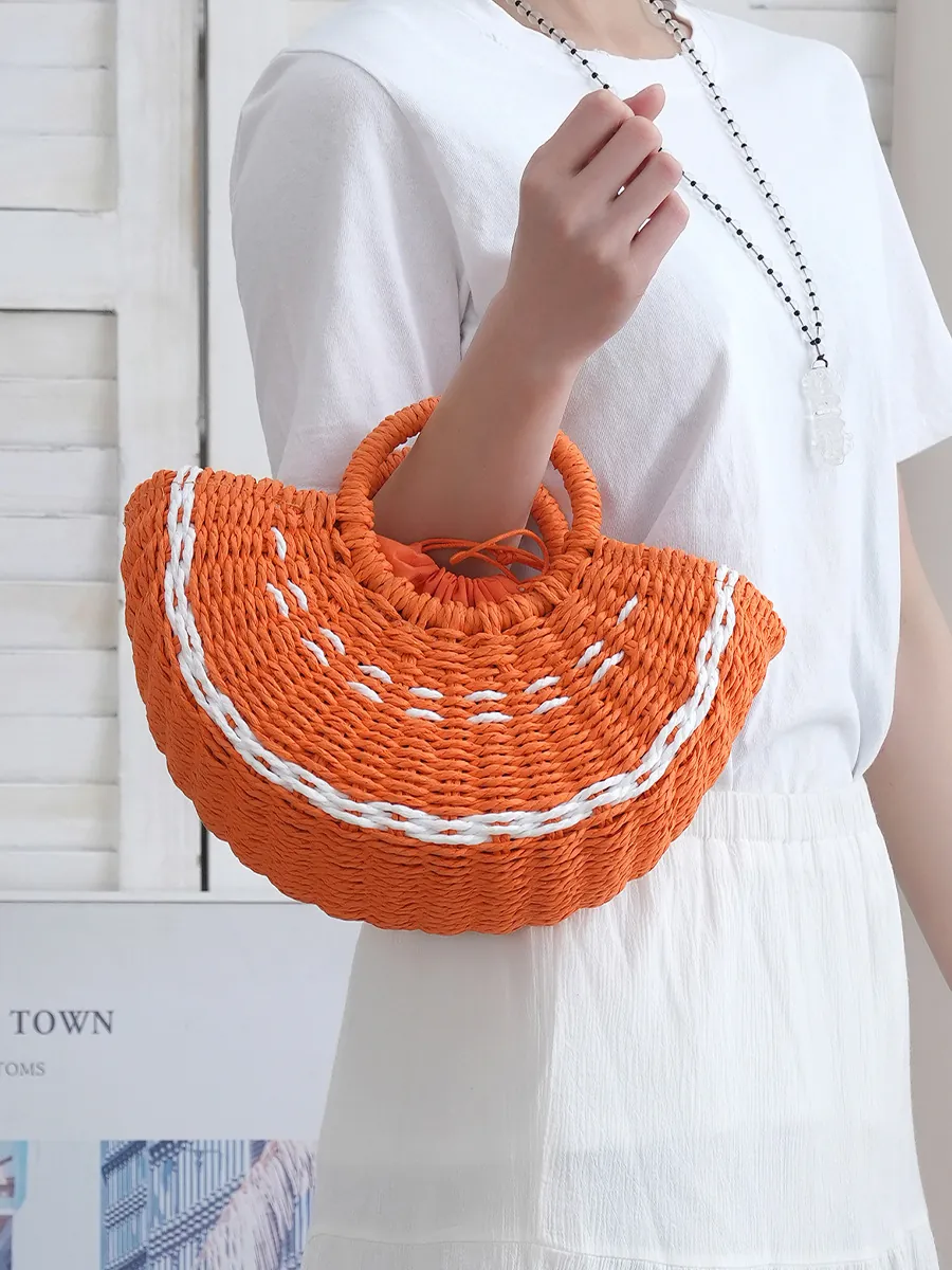 Bolso de Mano de Paja Tejida a Mano Sandía Semicírculo Patrón de Frutas Bolso de Playa Mujer Casual Verano Vacaciones Bolso Tejido