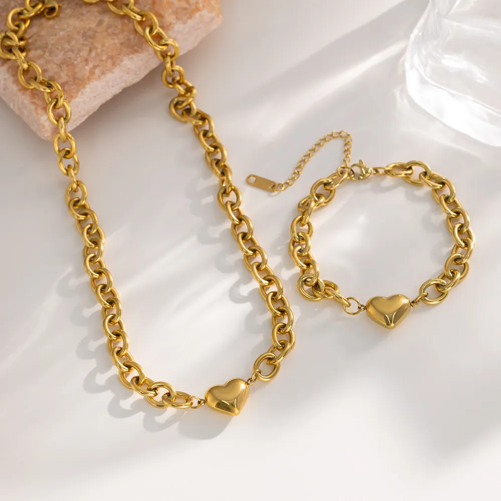 Trendy Titanium Steel Heart Pendant Cuban Link Chain Necklace Bracelet Set For Women Hip Hop Street Style Gold Silver Plated
