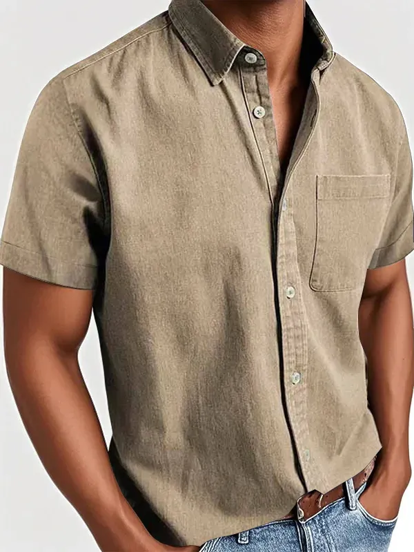 Camisa Casual de Manga Corta para Hombre Cuello de Solapa Color Sólido Poliéster Lavado Top Con Bolsillo en el Pecho