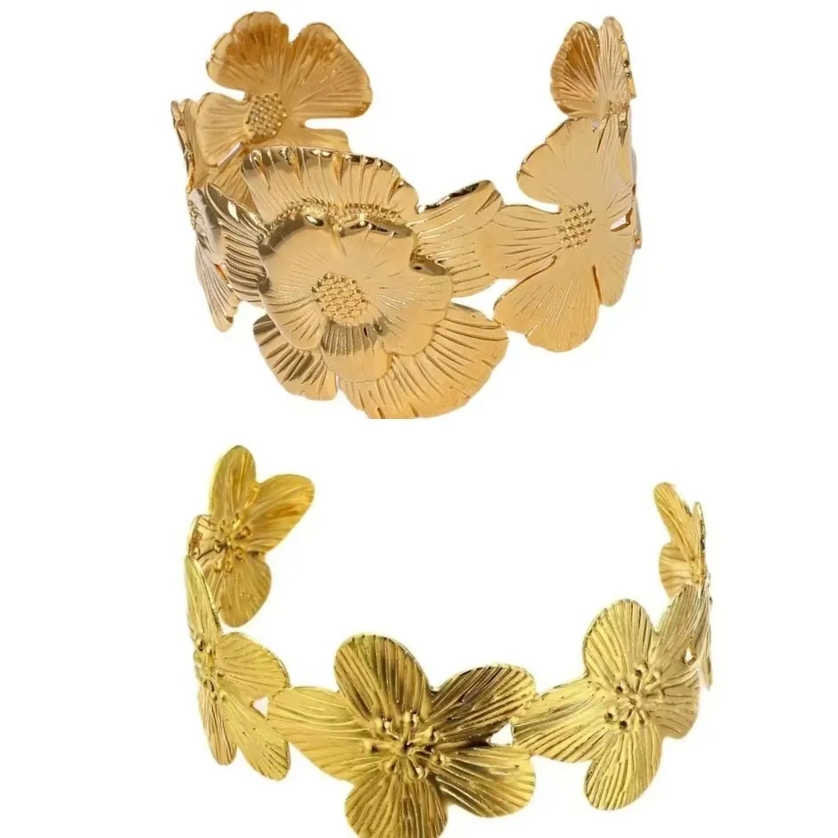 Vintage European Style Open Metal Bangle Oversized Flower Design Stainless Steel Bracelet Non-Fading Jewelry For Women