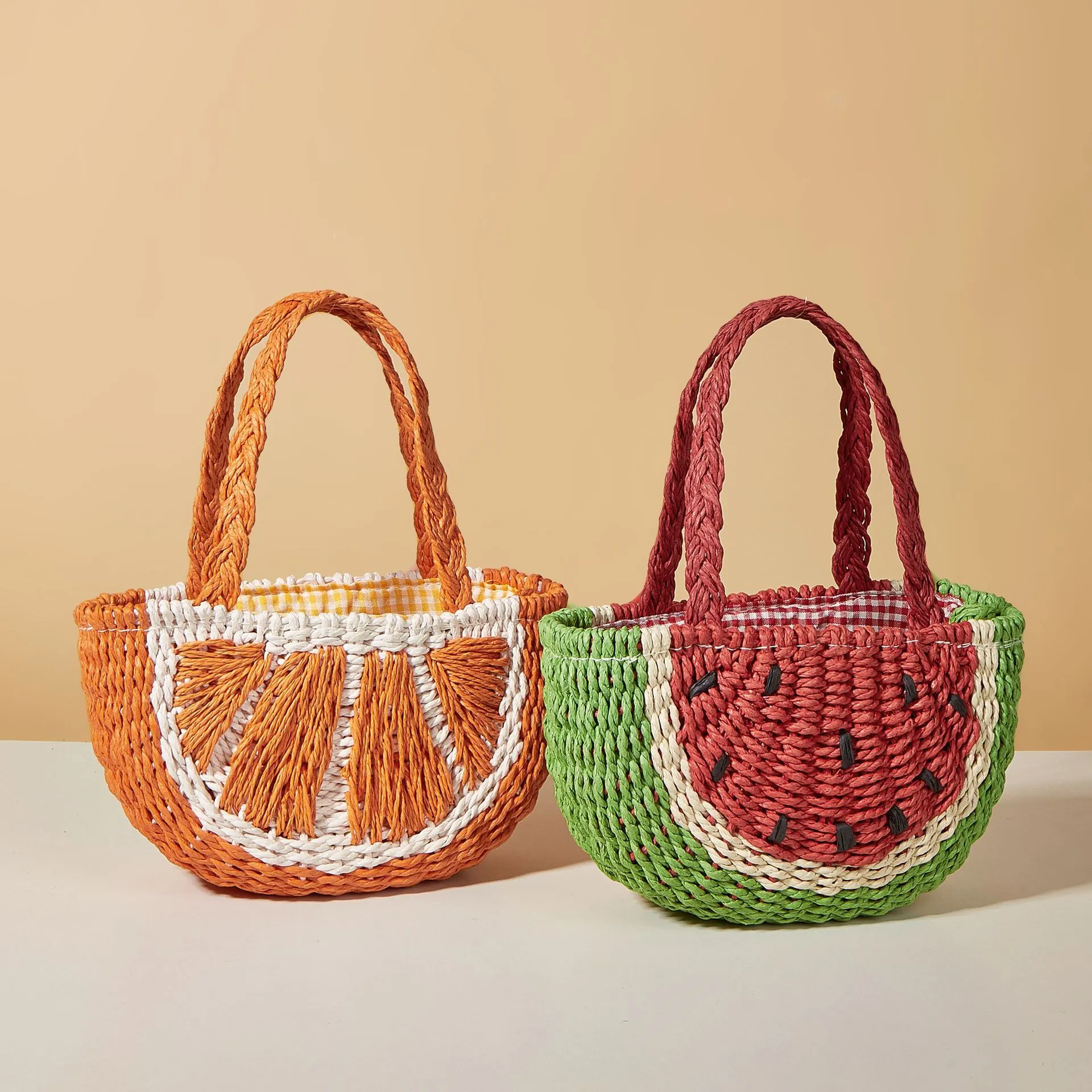 Borsa a Mano in Paglia Intrecciata a Forma di Frutta Design Arancia Anguria Borsa a Tracolla da Spiaggia per Donna Bambini Estate Fodera Gingham