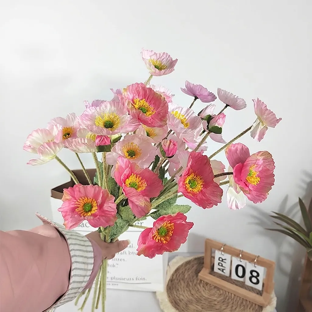 Artificial Iceland Poppy Silk Flower Stem Flocked Fake Corn Poppy For Home Wedding Party Scene Decoration Photography Prop