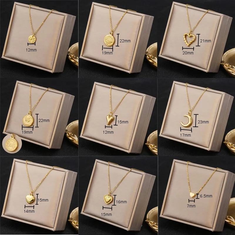 Women Stainless Steel Heart Coin Evil Eye Pendant Necklace 18K Gold Plated Minimalist Clavicle Chain Fashion Jewelry Accessory Gift