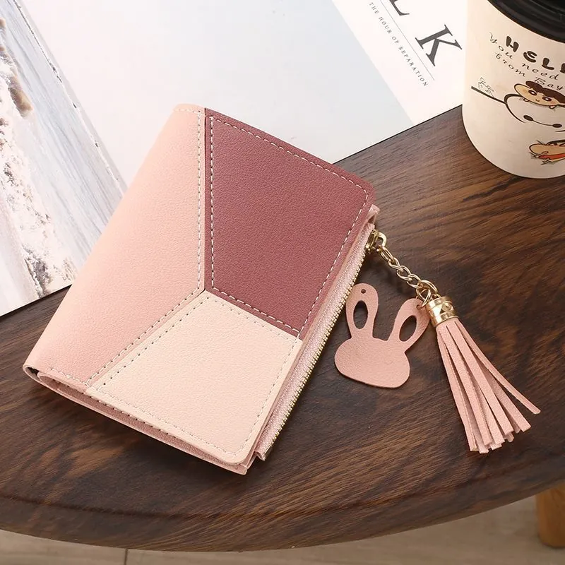Women's Short Bifold Wallet PU Leather Slim Purse With Zipper Coin Pocket Tassel Rabbit Pendant Multi Card Slots
