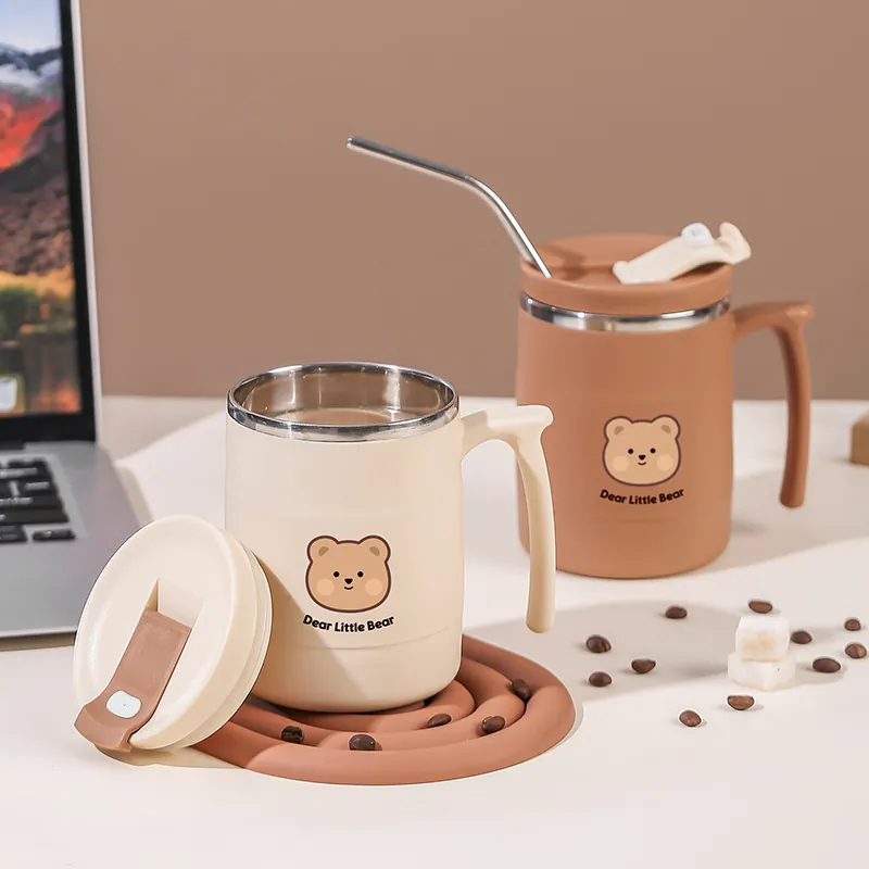 304 Stainless Steel Coffee Mug With Lid And Straw Portable Insulated Thermal Water Cup Cartoon Bear Matte Office Travel Mug