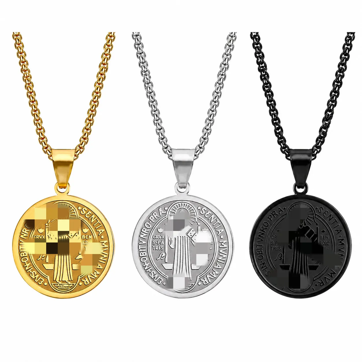 Stainless Steel St. Benedict Medal Pendant Necklace Religious Hip Hop Unisex Jewelry Round Coin Amulet Relief Neck Chain For Men Women