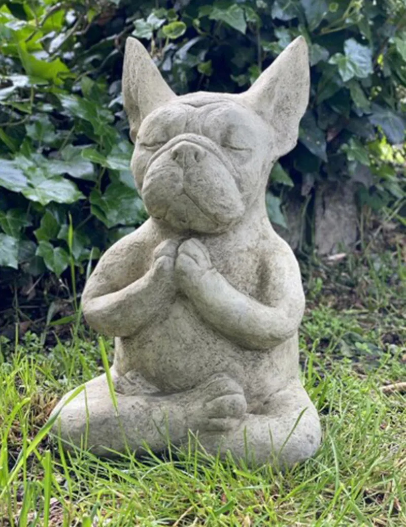 Zen Meditating French Bulldog Statue Resin Dog Figurine Stone Texture Garden Ornament Home Yard Outdoor Decorative Sculpture