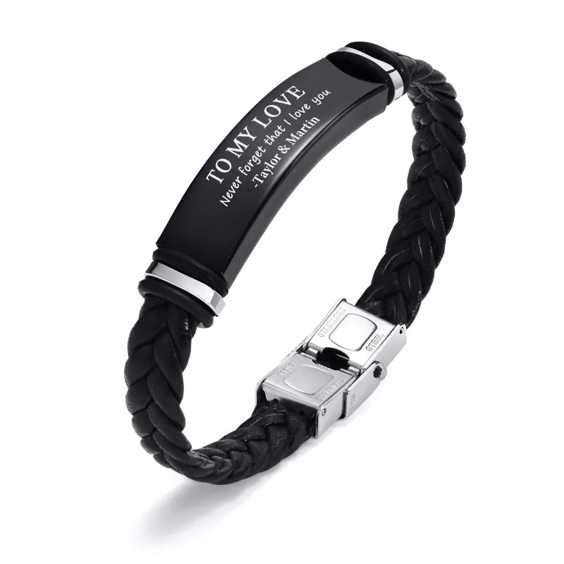 Retro Braided Faux Leather Bracelet With Stainless Steel Curved Bar For Men Gift Black Brown Woven Wristband Jewelry