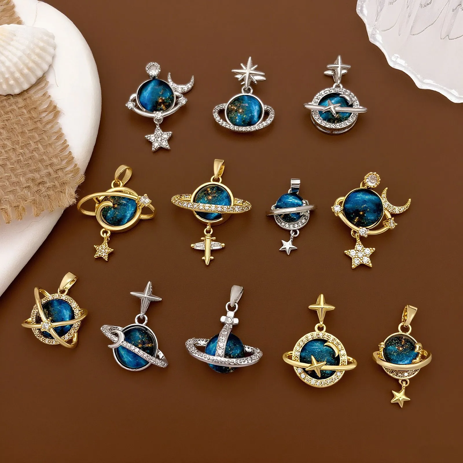 Dreamy Planet Series Pendant Copper Rhinestone Inlaid Star Moon Saturn Orb Design Jewelry Accessory For Women DIY Making