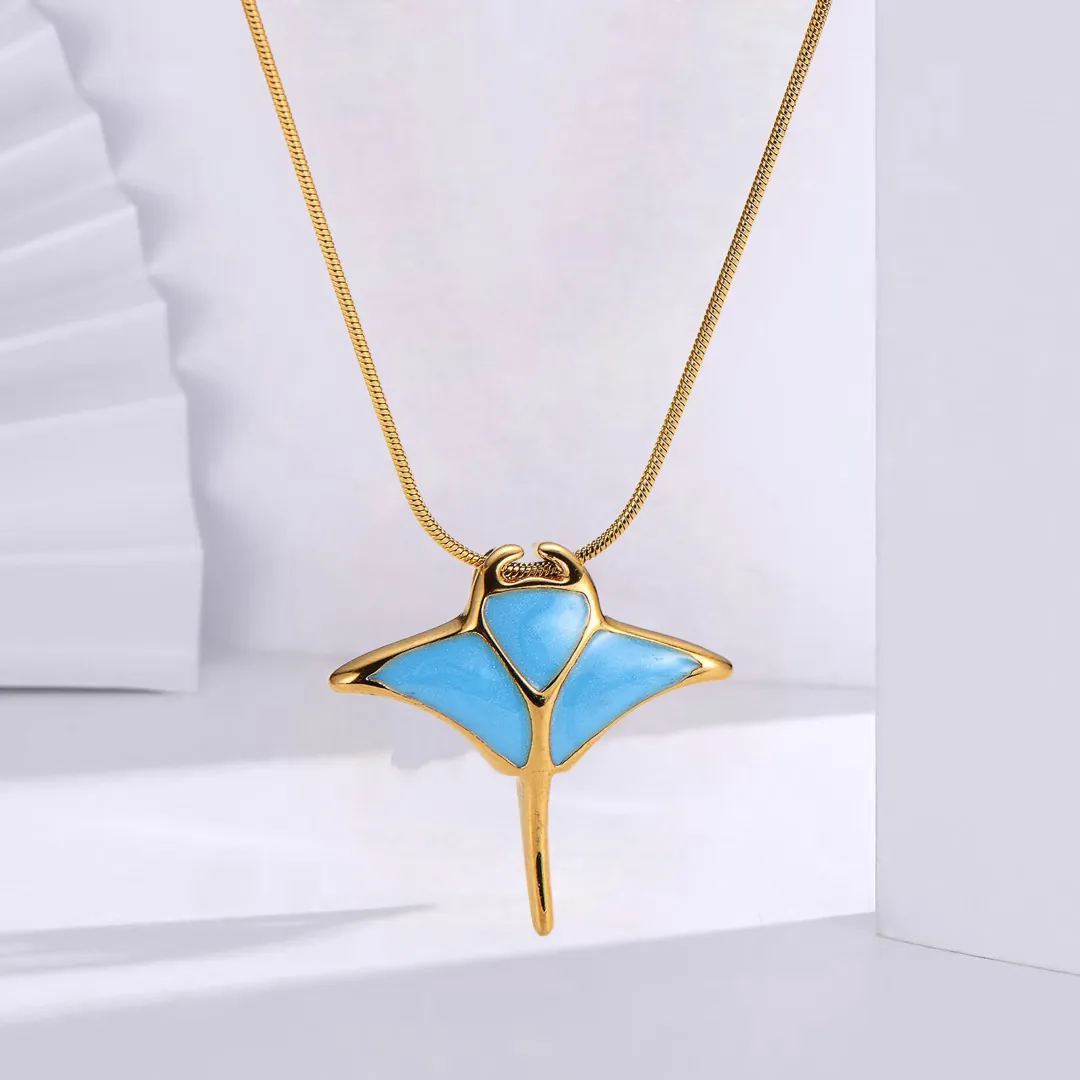 Ocean Manta Ray Stainless Steel Pendant Necklace For Women Fashion Sky Blue Enamel Gold Plated Snake Chain Jewelry Gift