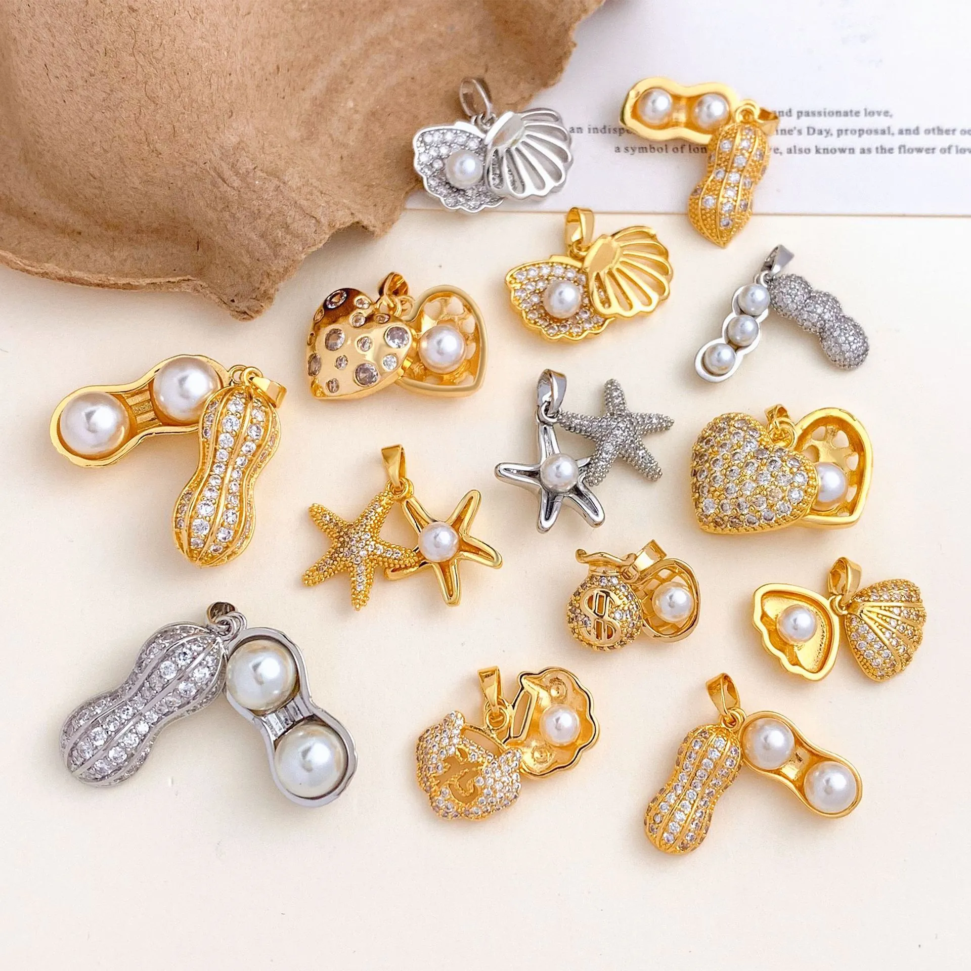 Copper Rhinestone Artificial Pearl Openable Peanut Shell Starfish Heart Pendants For DIY Necklace Accessories Women Jewelry