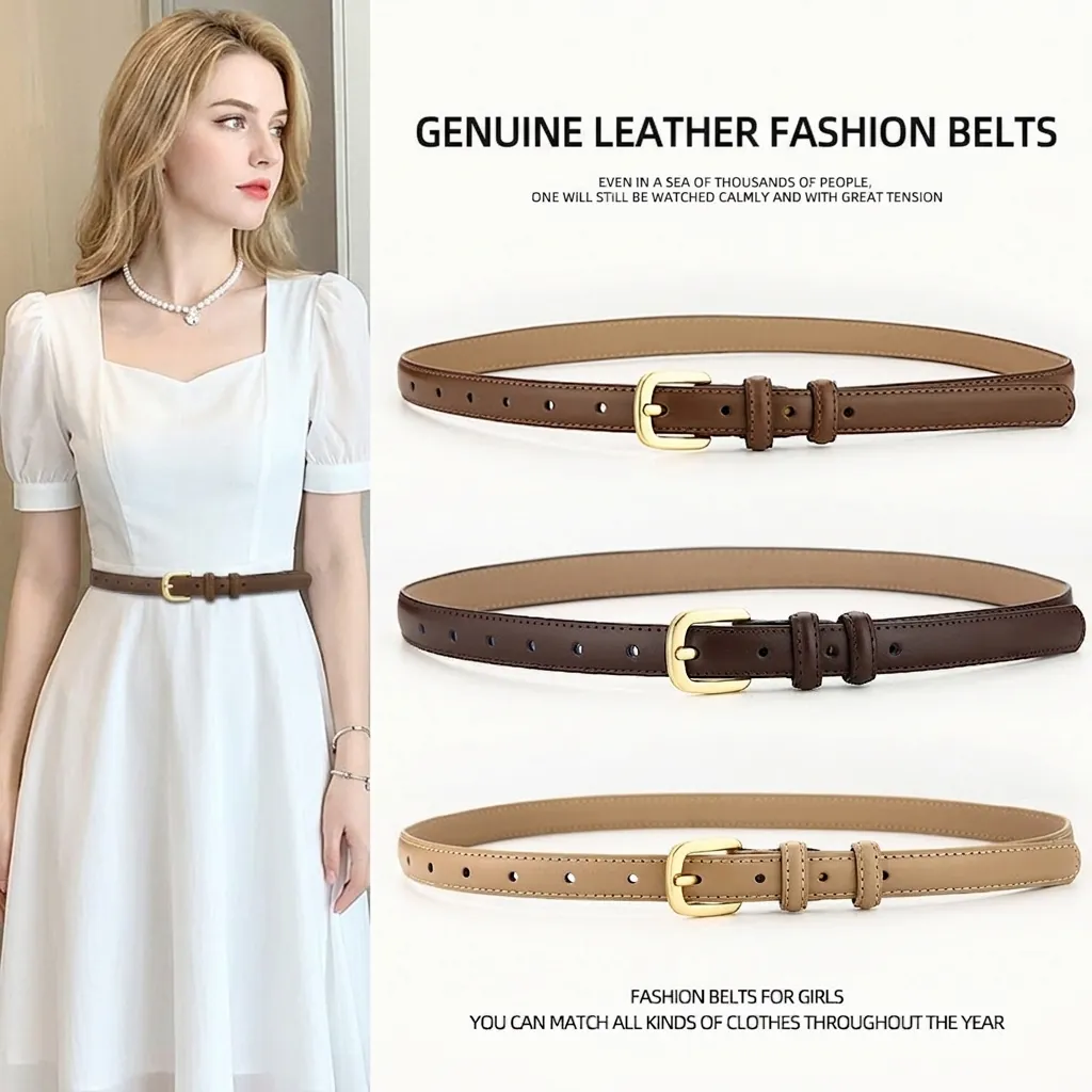 Women Thin Belt Genuine Cowhide Leather Simple Fashion Commuter Accessory With Alloy Pin Buckle Versatile Elegant