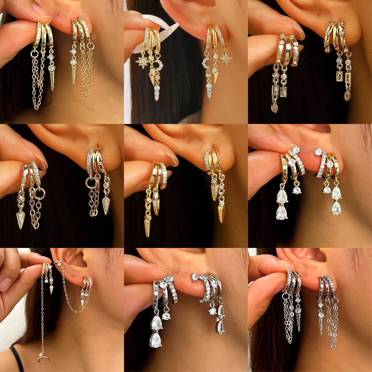 Copper Zirconia Multi-Layer Tassel Chain C-Shape Hoop Earrings Individualistic Punk Spike Rivet Dangle Jewelry For Women