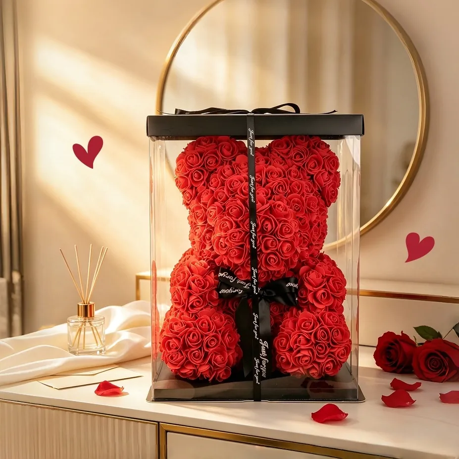 Artificial Rose Flower Bear Handmade PE Foam Teddy Bear Gift Box String Light Valentine Wedding Anniversary Gift For Her