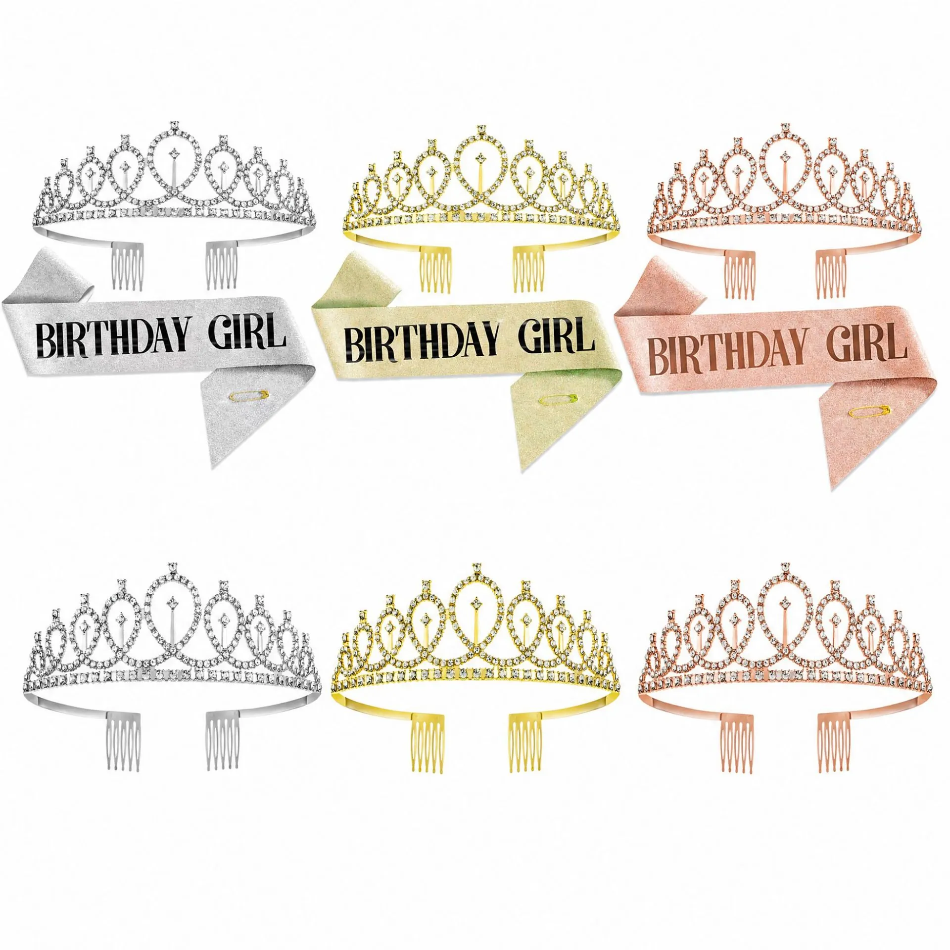 Rhinestone Tiara Crown And Birthday Girl Sash With Safety Pin For Birthday Party Celebration Elegant Alloy Headwear