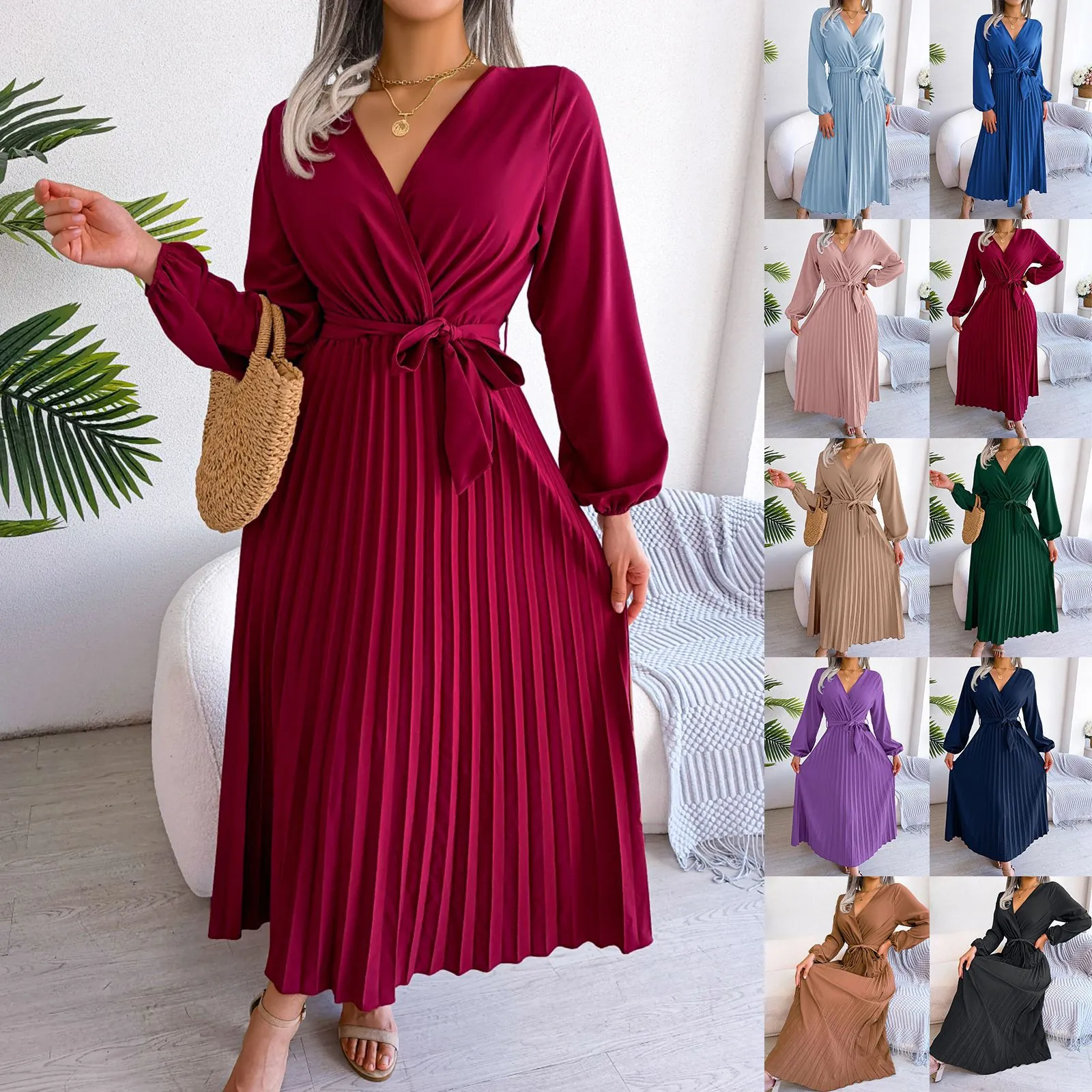Elegant Women V-Neck Pleated Maxi Dress Long Sleeve Solid Color High Waist Belted Wrap Autumn Dress Polyester Party Gown