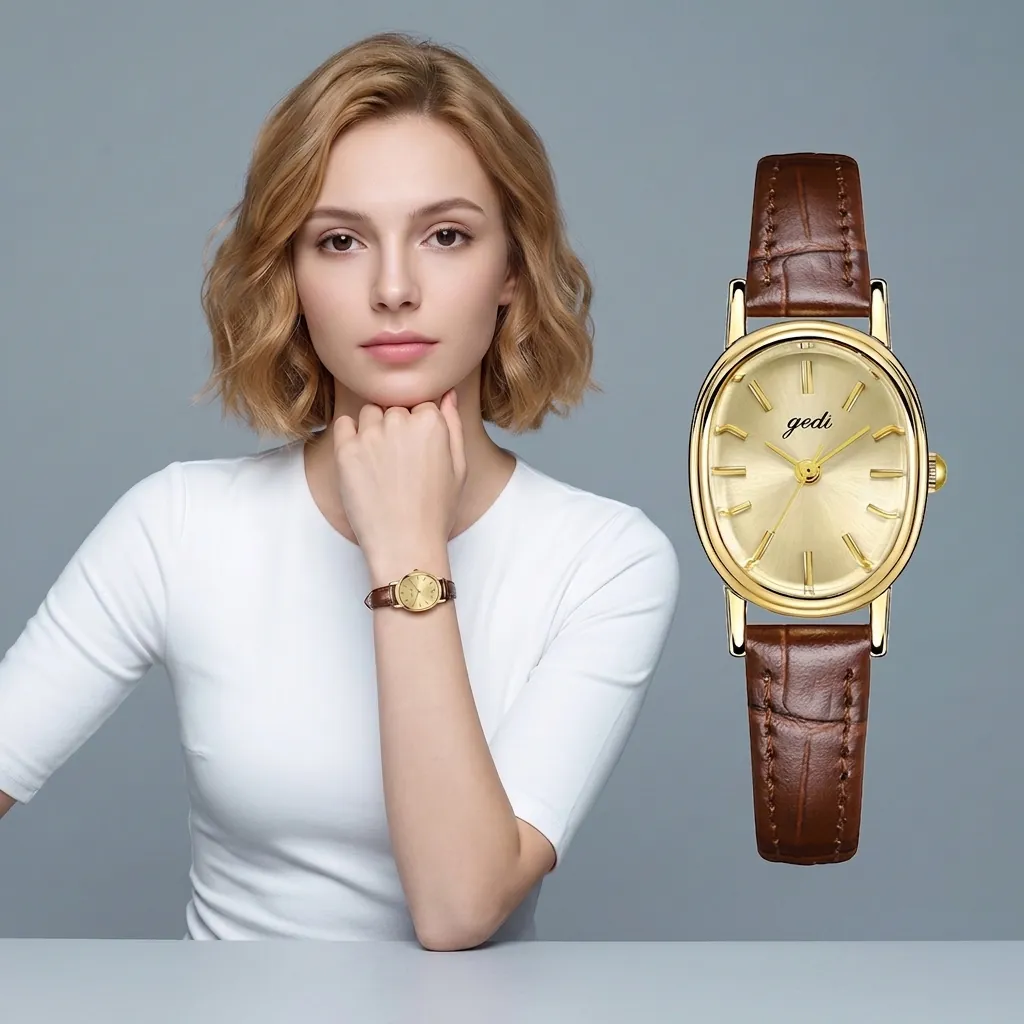 Women's Quartz Watch Oval Alloy Case Genuine Leather Strap Waterproof Elegant Retro Minimalist Wristwatch