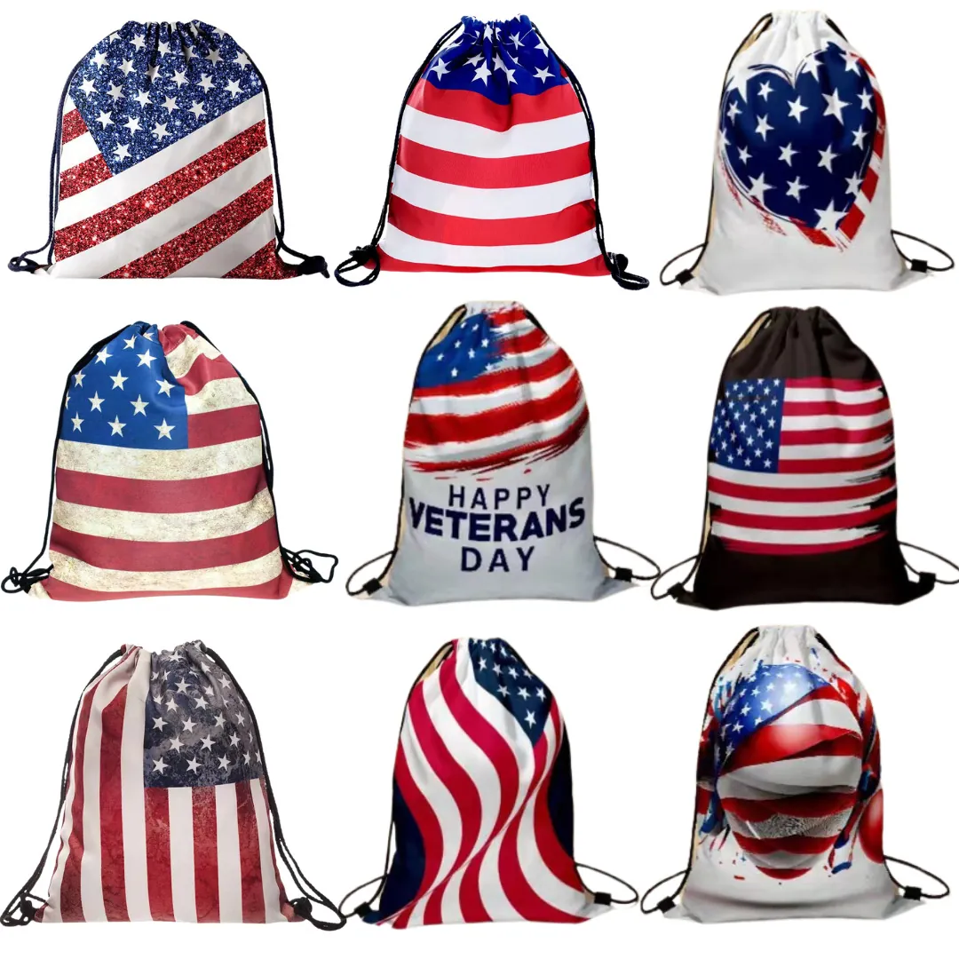 Sacca a Coulisse Giorno dell'Indipendenza Impermeabile Tessuto Oxford Bandiera USA Stelle e Strisce per Regalo Festa Forniture