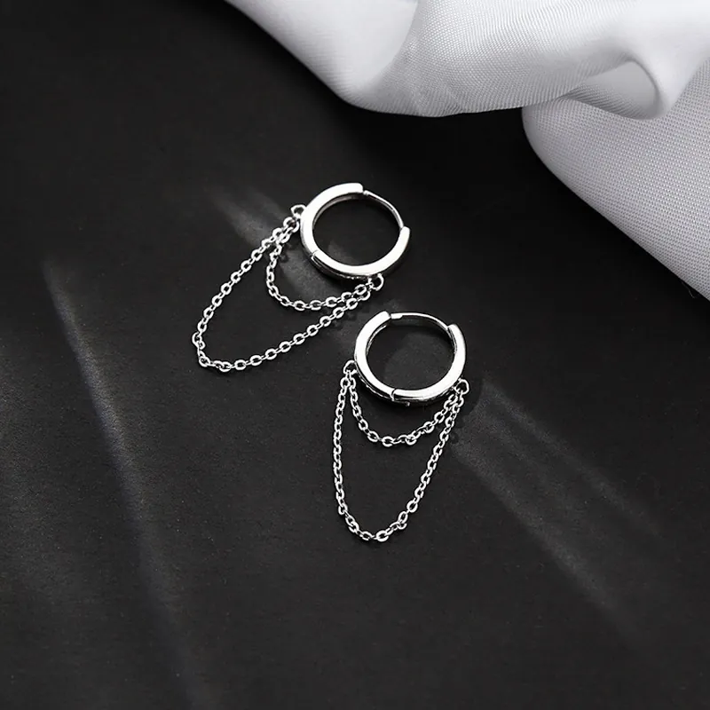 Orecchini a Cerchio Minimalisti in Rame Colore Argento con Doppia Catena Nappa per Donna Personalità Stile INS Ear Buckle Singolo