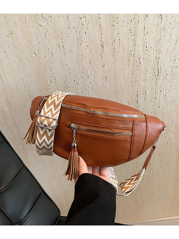Women PU Leather Tassel Chest Bag Minimalist Fashion Crossbody Bag With Geometric Wide Strap Korean Style Waist Pack For Daily Use