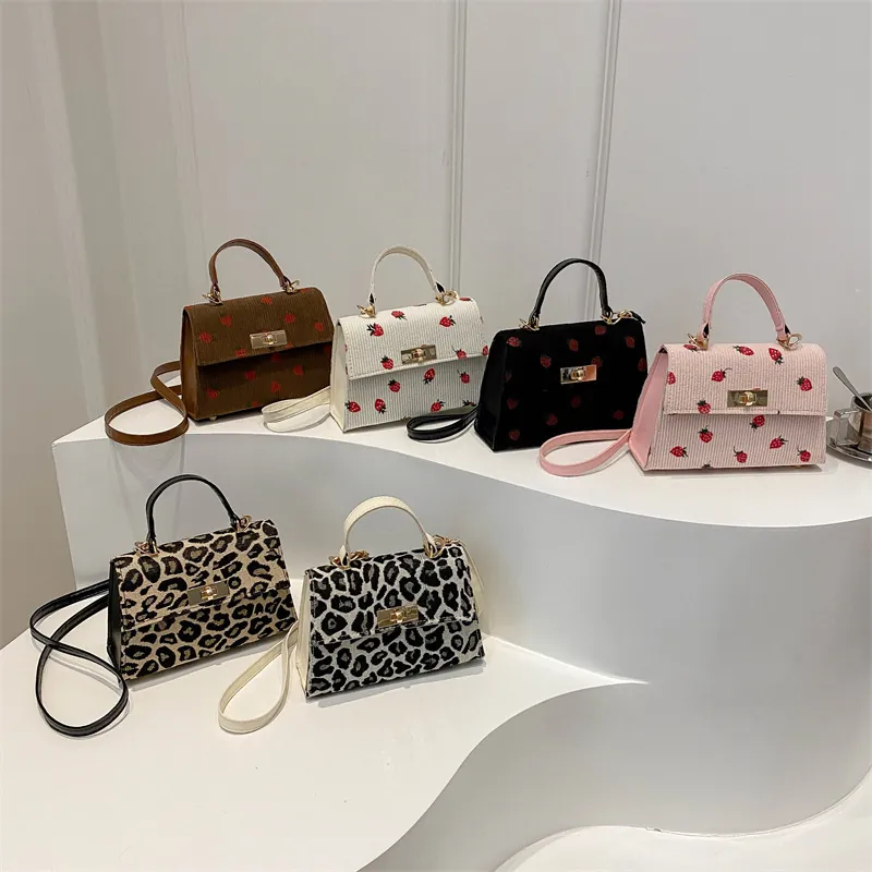 Women Fashion Corduroy Strawberry Leopard Print Crossbody Bag Small Square Shoulder Handbag With Metal Lock For Daily Wear