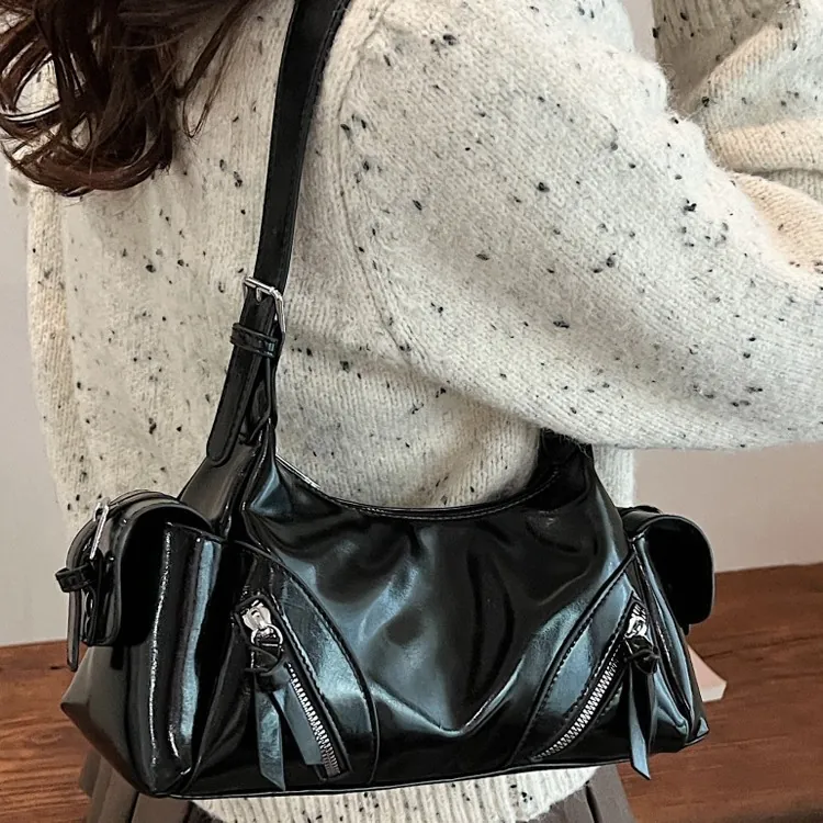 Damen Vintage Weiche PU Leder Biker Achseltasche Mode Spicy Girl Multi-Reißverschluss Multi-Taschen Schultertasche Umhängetasche Handtasche