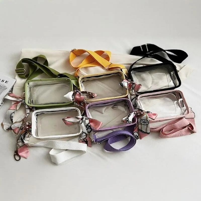 Petit Sac Bandoulière Carré Transparent de Mode Coréenne Sac en Gelée PVC Avec Large Bandoulière et Ornement de Foulard pour Femmes