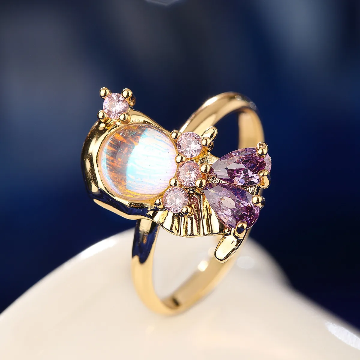 Fairytale Princess Series Copper Ring Colorful Artificial Moonstone Rhinestone Inlaid Sweet Cute Cartoon Ring For Women Girls Jewelry