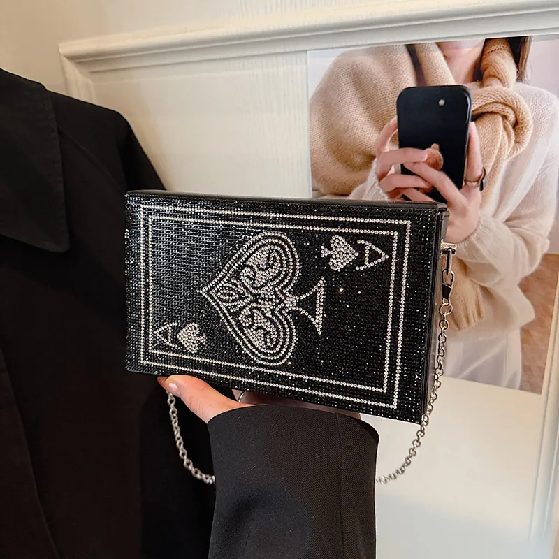Sac de Soirée Poker As de Pique en Strass pour Femmes Sac à Main en Cuir PU Chaîne Métallique Bandoulière Petit Sac Boîte