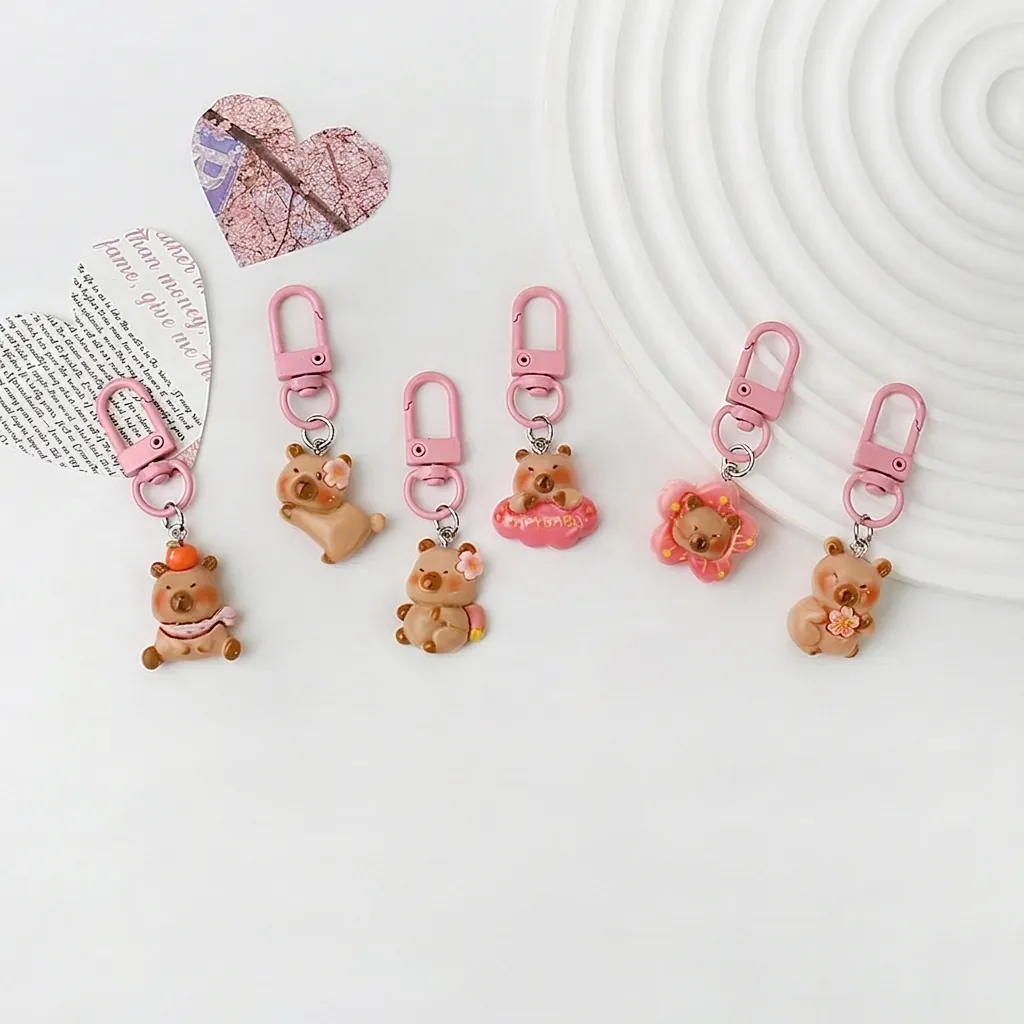 Cute Pink Capybara Resin Keychain Pendant For Women Girls Kawaii Animal Bag Accessories Handmade Style Car Key Ornament