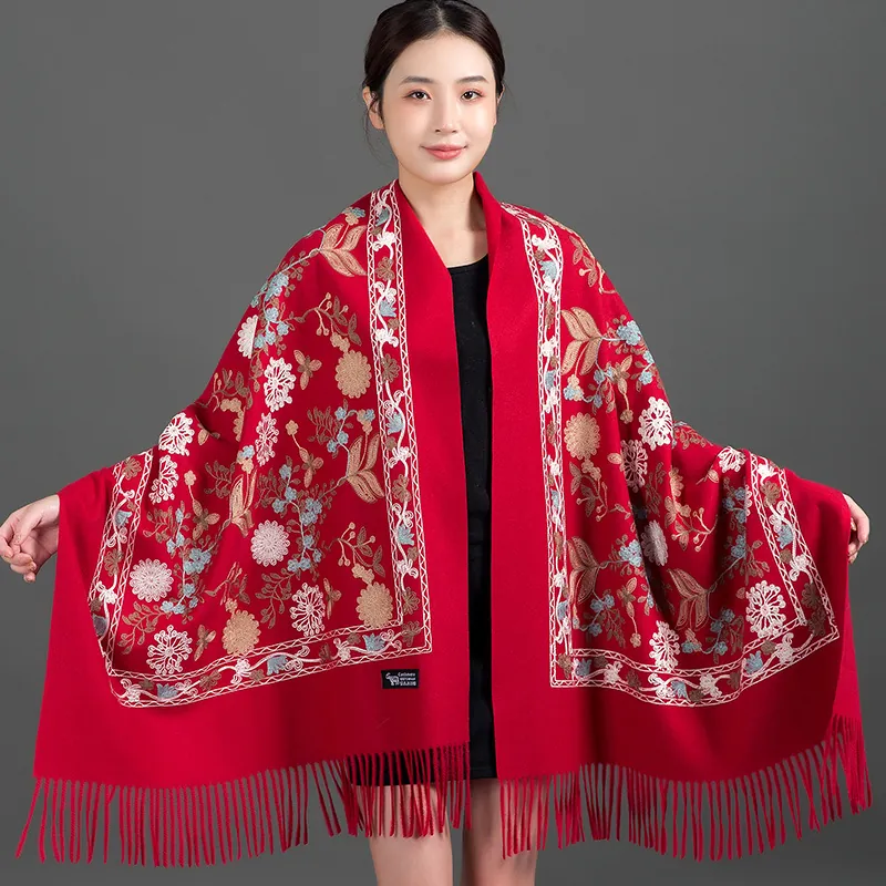 Nepal Exquisite Handmade Embroidery Flower Red Wedding Cashmere Wool Shawl Chinese Ethnic Style Dual-Use Scarf