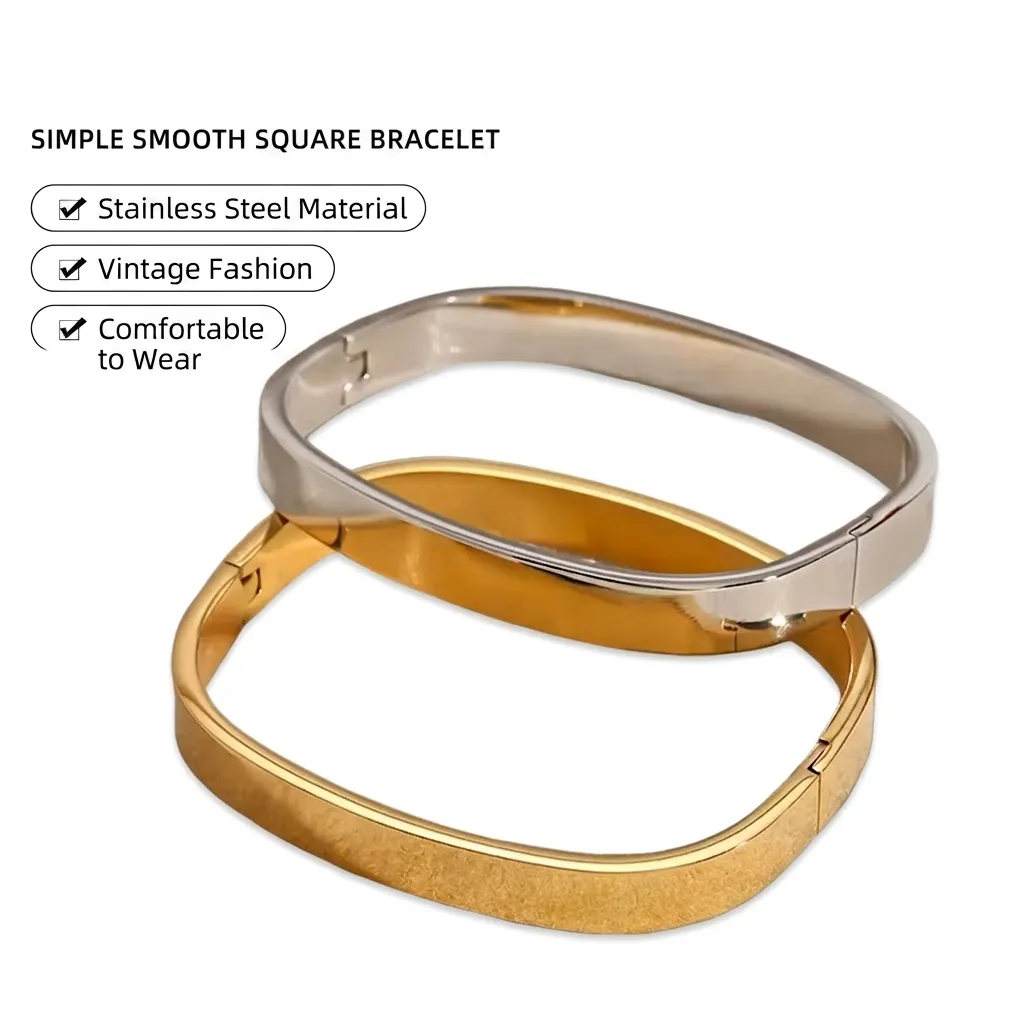 Bracciale Rigido Quadrato in Acciaio Inossidabile Minimalista Lucidato a Specchio Bracciale Geometrico da Donna Oro Argento
