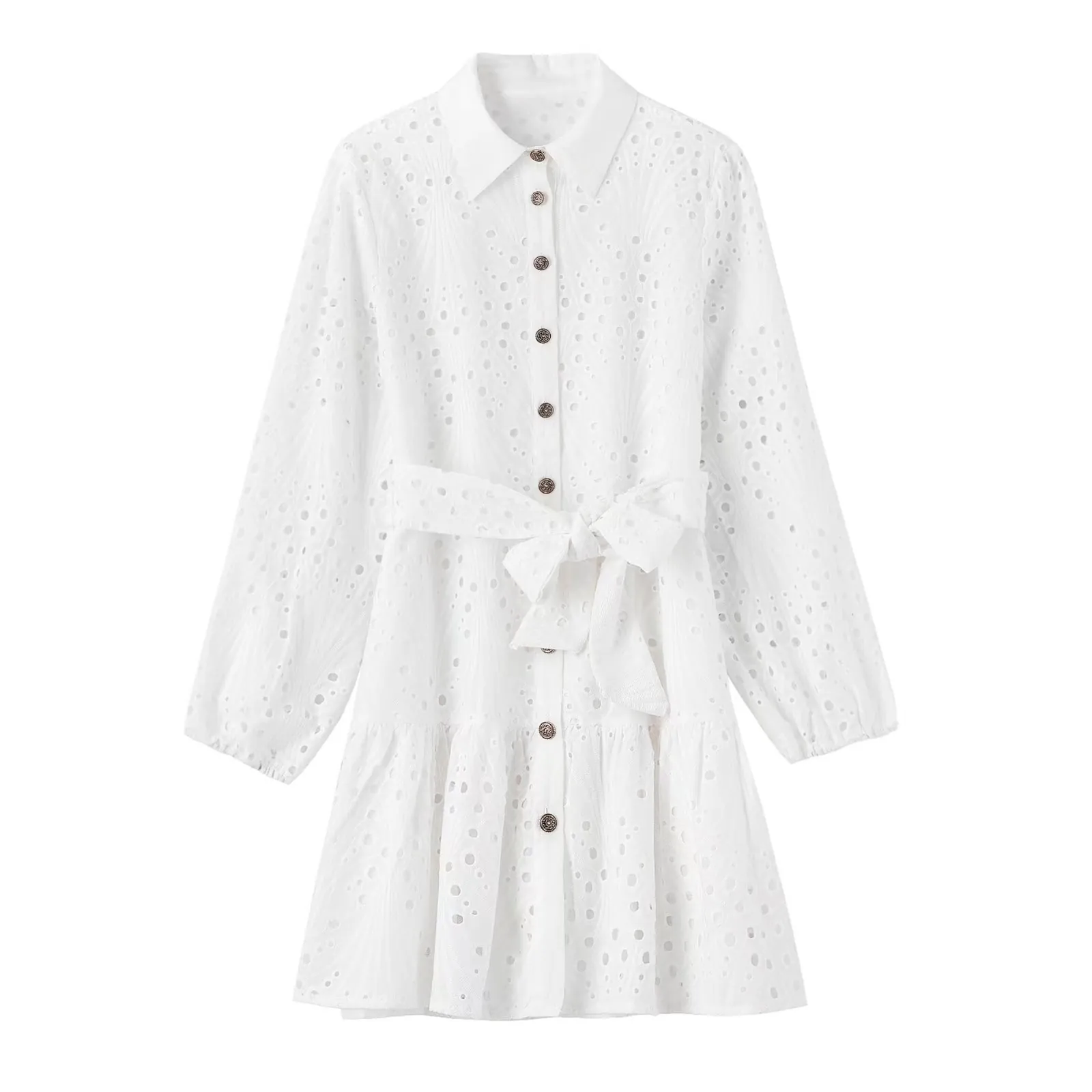 Robe Chemise pour Femmes en Coton Brodé Manches Longues Lien à la Taille Simple Boutonnage Robe Midi à Étages Blanc