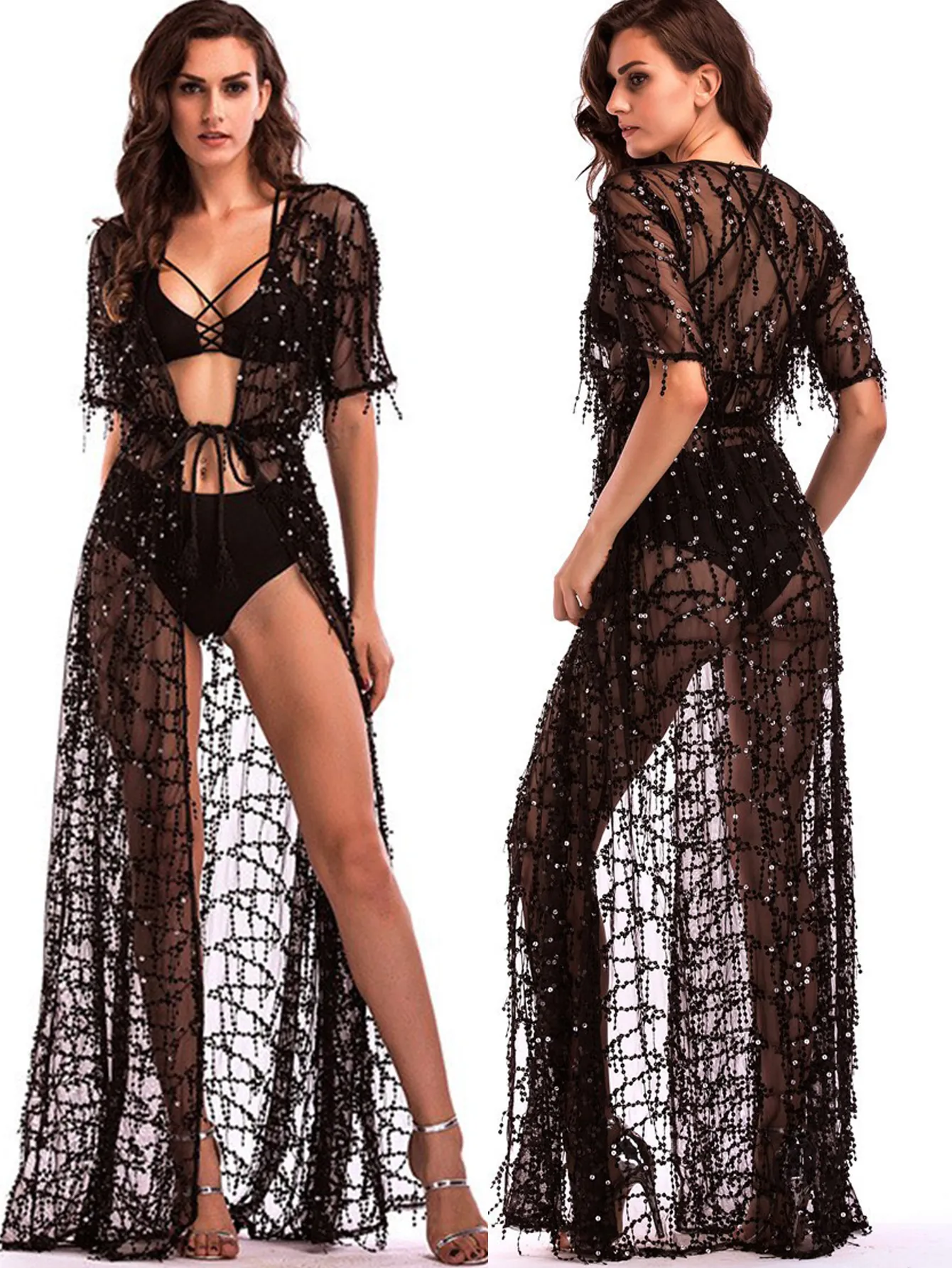 Robe Maxi Sexy Transparente à Paillettes pour Femmes Col en V Manches Courtes Mesh Élégante Robe de Soirée Clubwear