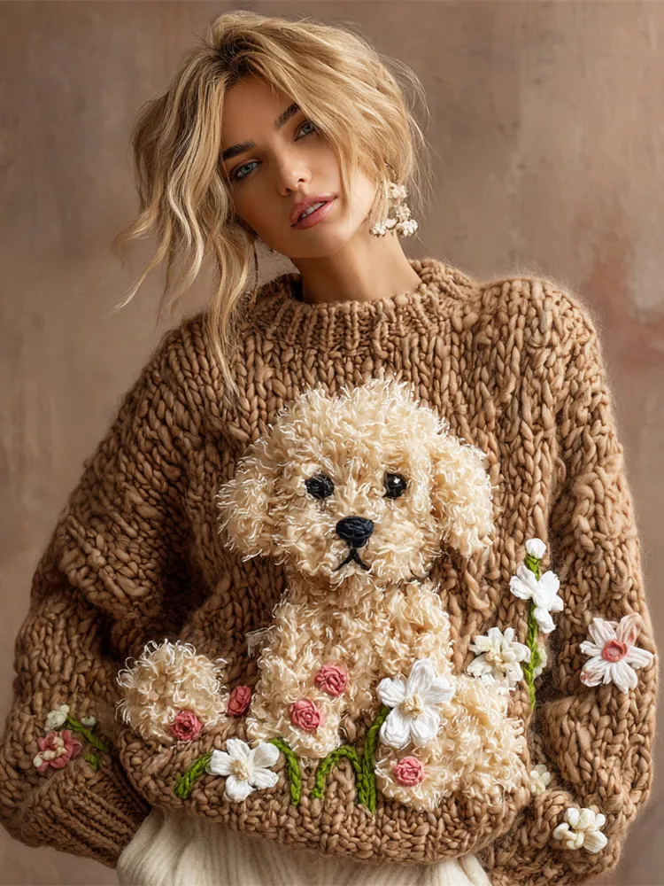 Französischer Retro Digitaldruck Übergroßer Pullover Für Damen 2025 Herbst Winter Langarm Rundhals Lässiges Strickoberteil