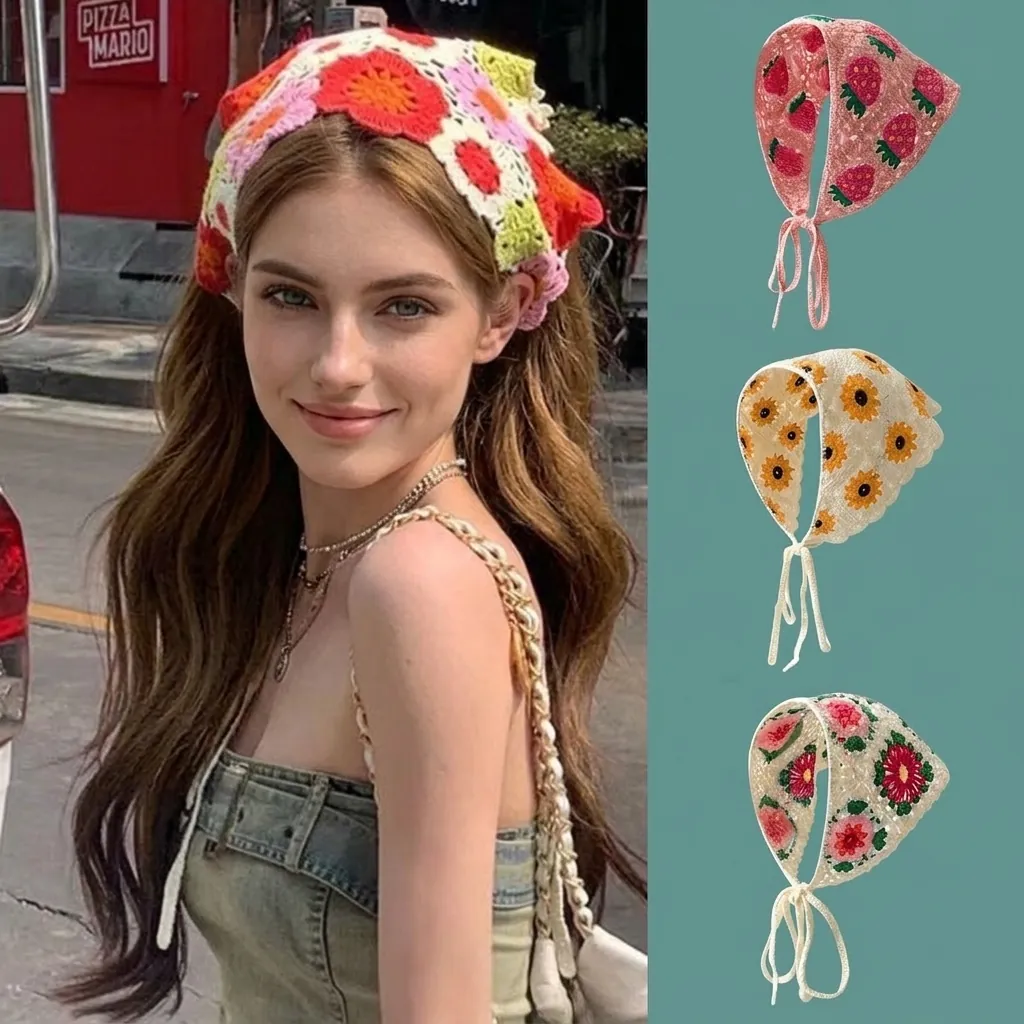 Französisches Vintage Gehäkeltes Dreieckiges Kopftuch Pastoral Blumen Frucht Strick Bandana Stirnband Für Damen Mädchen Fotografie Haarschmuck