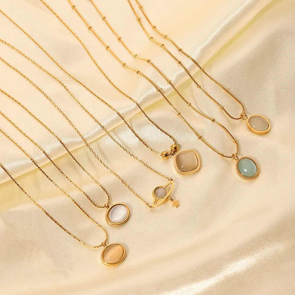 Elegant Luxury Cat Eye Stone Pendant Necklace 18K Gold Plated Titanium Steel Geometric Planet Saturn Heart Charm Necklaces For Women Fashion Jewelry