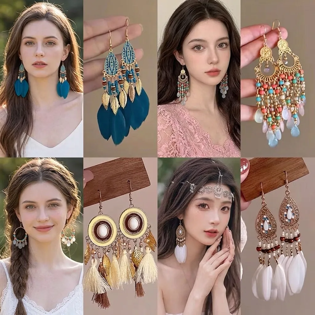Bohemian Feather Long Drop Earrings Vintage Ethnic Alloy Tassel Vacation Style Ear Hooks For Women Ethnic Jewelry Gift