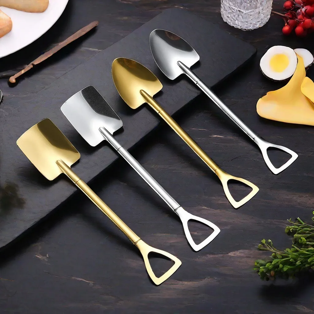Cuillères en Acier Inoxydable en Forme de Pelle Créative Or Argent Café Dessert Pastèque Cuillère à Mélanger Couverts Uniques pour Maison Cuisine Fête