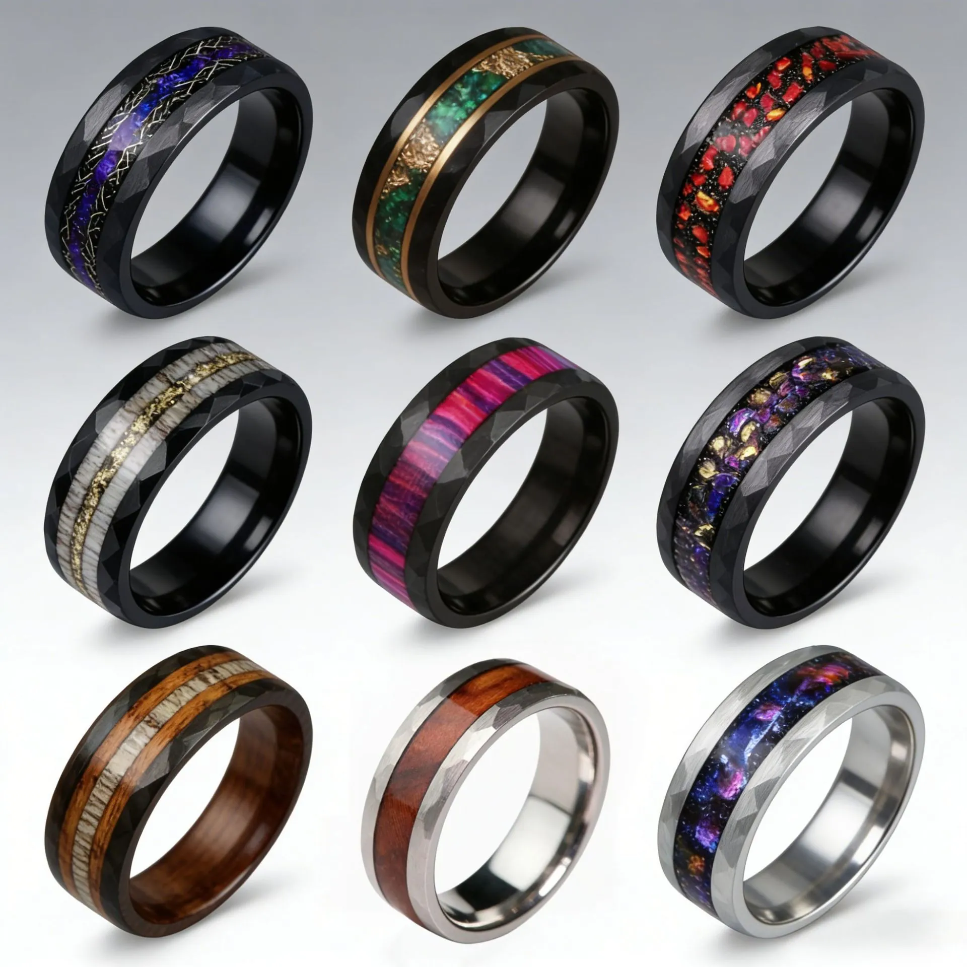Stainless Steel Faceted Edge Ring Multicolor Inlay Galaxy Wood Grain Hammered Band Ring For Men Women Fashion Jewelry