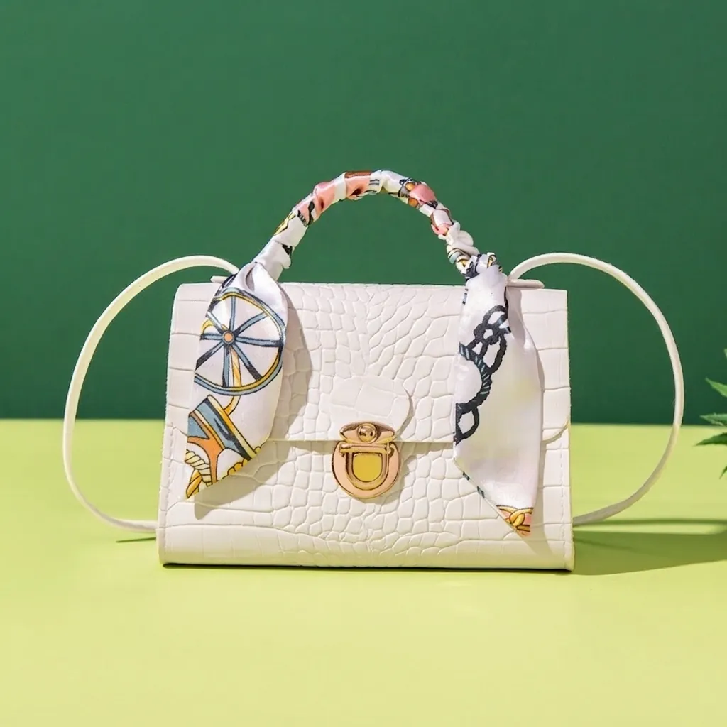 Women Sweet Shoulder Bag Scarf Wrapped Handle Small Square Crossbody Bag Crocodile Pattern Corduroy Printed Daily Fashion Handbag