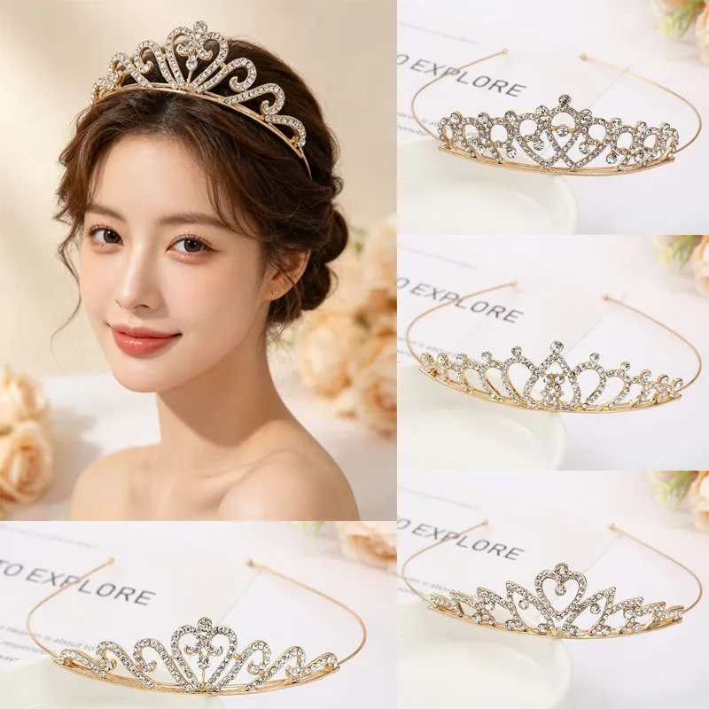 Luxury Alloy Rhinestone Wedding Bridal Crown Tiara Korean Minimalist Gold Princess Heart Shape Cake Decoration Ornament Headwear