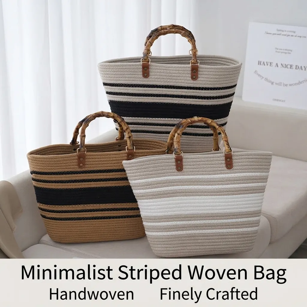 Bolso Tote Tejido a Mano Con Asas de Bambú Bolso de Playa de Cuerda de Algodón a Rayas Vintage Regalo para Mujer