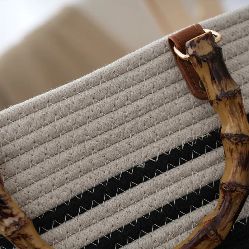 Handmade Woven Tote Bag With Bamboo Handles Vintage Striped Cotton Rope Beach Bag For Women Birthday Wedding Gift
