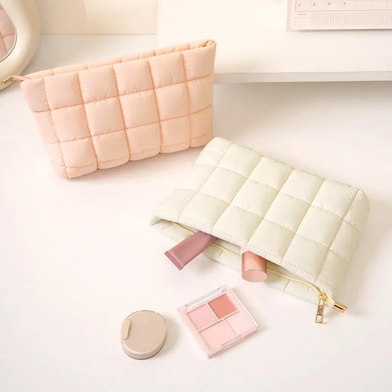 Tragbare Blasen-Gitter Gesteppte Kosmetiktasche Große Kapazität Nylon Make-up Aufbewahrungstasche Ins Stil Handheld Kulturbeutel Damen
