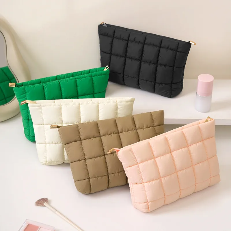 Draagbare Bubbelrooster Gevoerde Cosmetische Tas Grote Capaciteit Nylon Make-up Opslagtas Ins Stijl Handheld Toilettas Dames