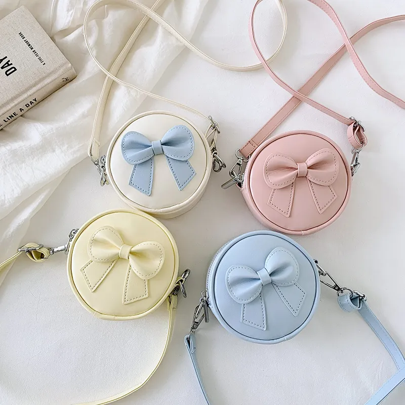 Girls Sweet Bow Round Mini Crossbody Bag Macaron Color PU Leather Shoulder Bag Cute Toddler Daily Accessories