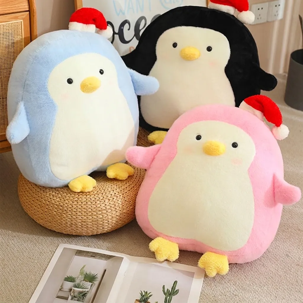 Cute Penguin Plush Toy With Christmas Hat Soft Polyester Stuffed Animal Sleep Pillow Festive Christmas Gift For Kids