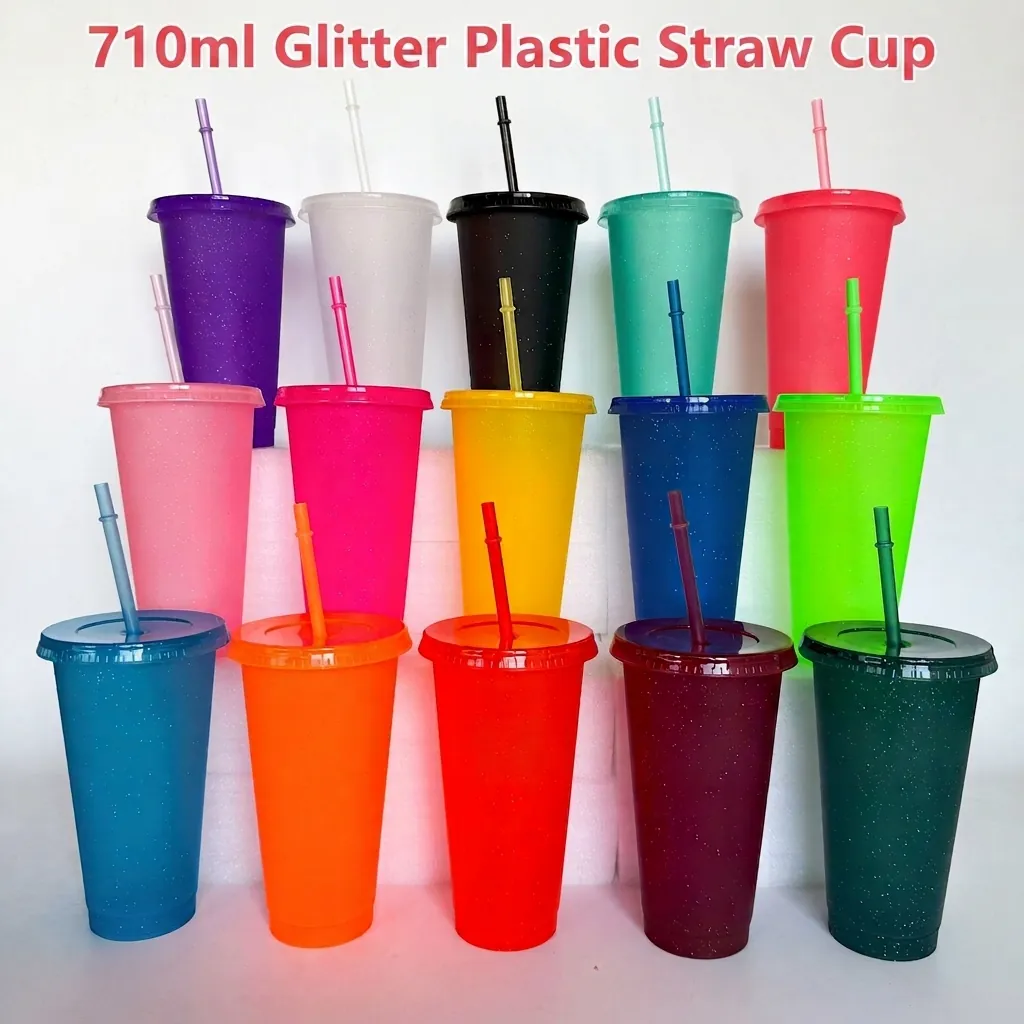 Bicchiere con Cannuccia in Plastica Glitterata ad Ampia Capacità Bicchiere Riutilizzabile per Bevande Fredde Con Coperchio e Cannuccia Senza BPA Bottiglia d'Acqua Portatile